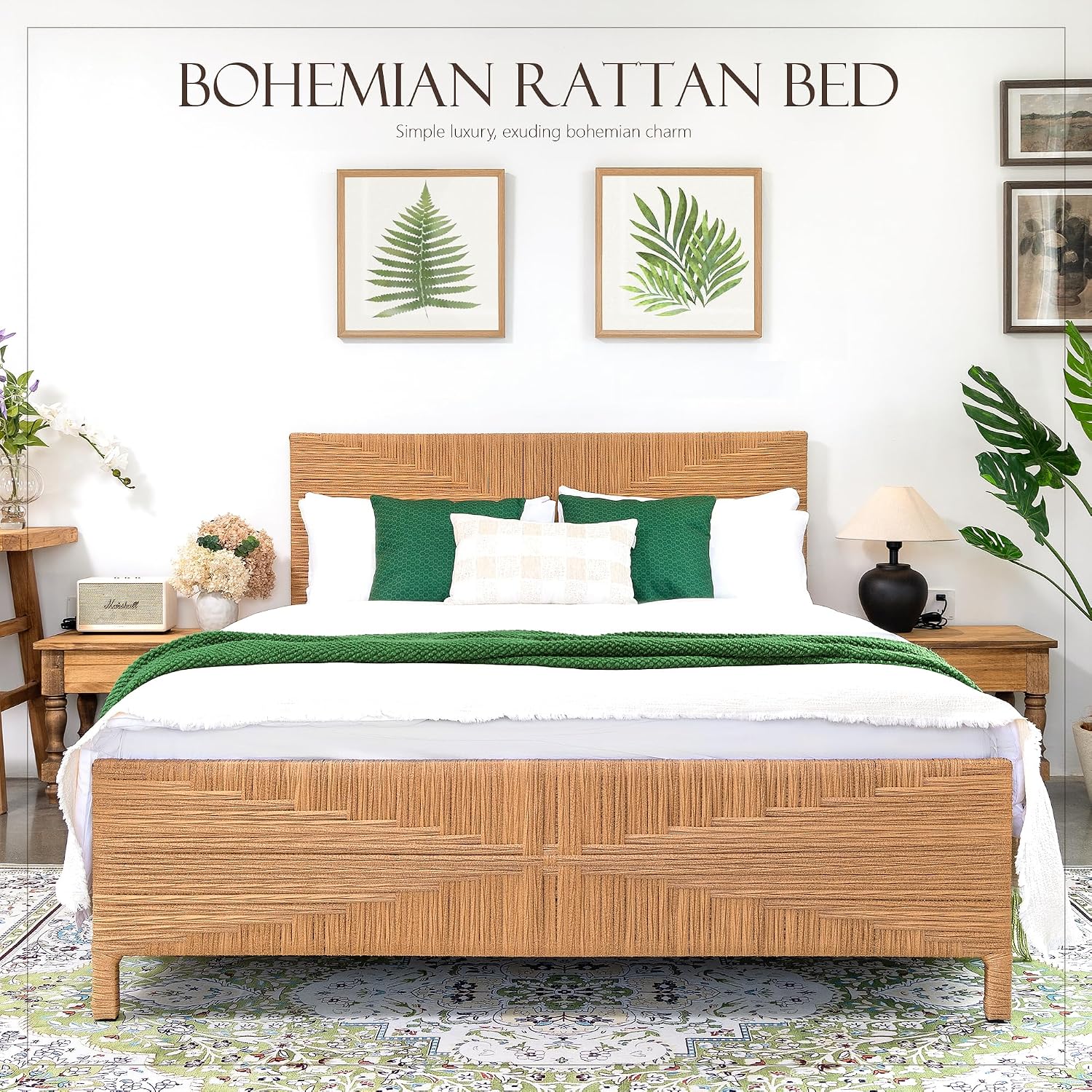 Yechen Queen Rattan Style Boho Bed Frame with Headboard and Footboard, Mid Century Modern Hand-Woven Wicker Bedframe with Vintage Pattern, Bamboo Bed with Metal Slats, No Box Spring Needed, 1000lbs