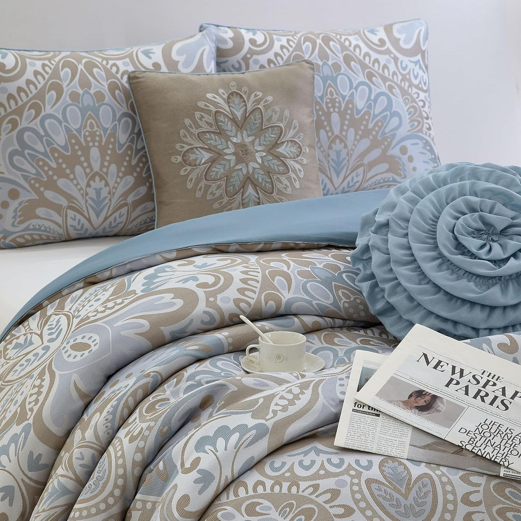 Stratford Park 6-Piece Blue Gold Comforter Set for Girls, Queen Size, Elegent Floral Bedding Set, Jacquard Design, Matching Bedskirt, Pillows & Shams