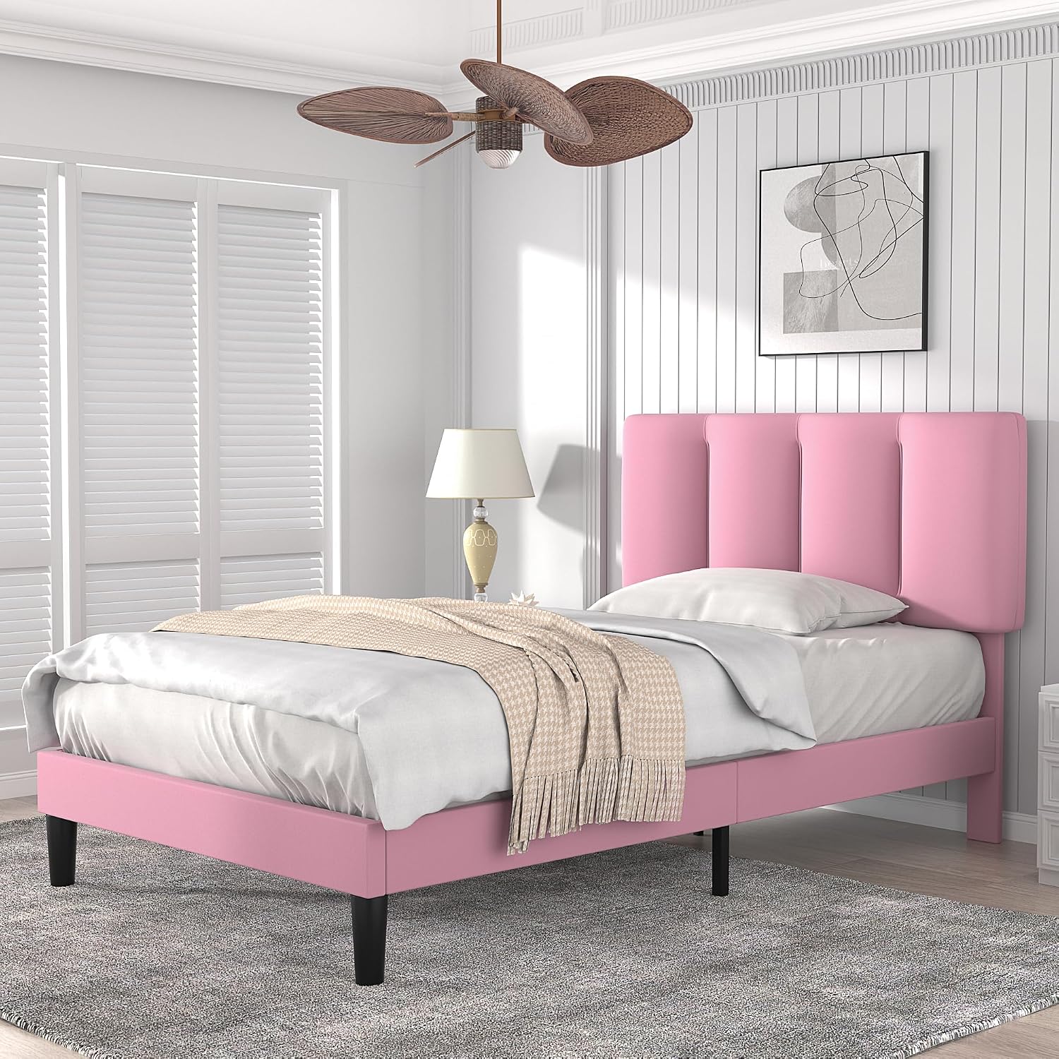 VECELO Twin Bed Frames, Upholstered Platform Bedframe, Adjustable Headboard, Wood Slat Support, No Box Spring Needed, Easy Assembly, Cherry Pink