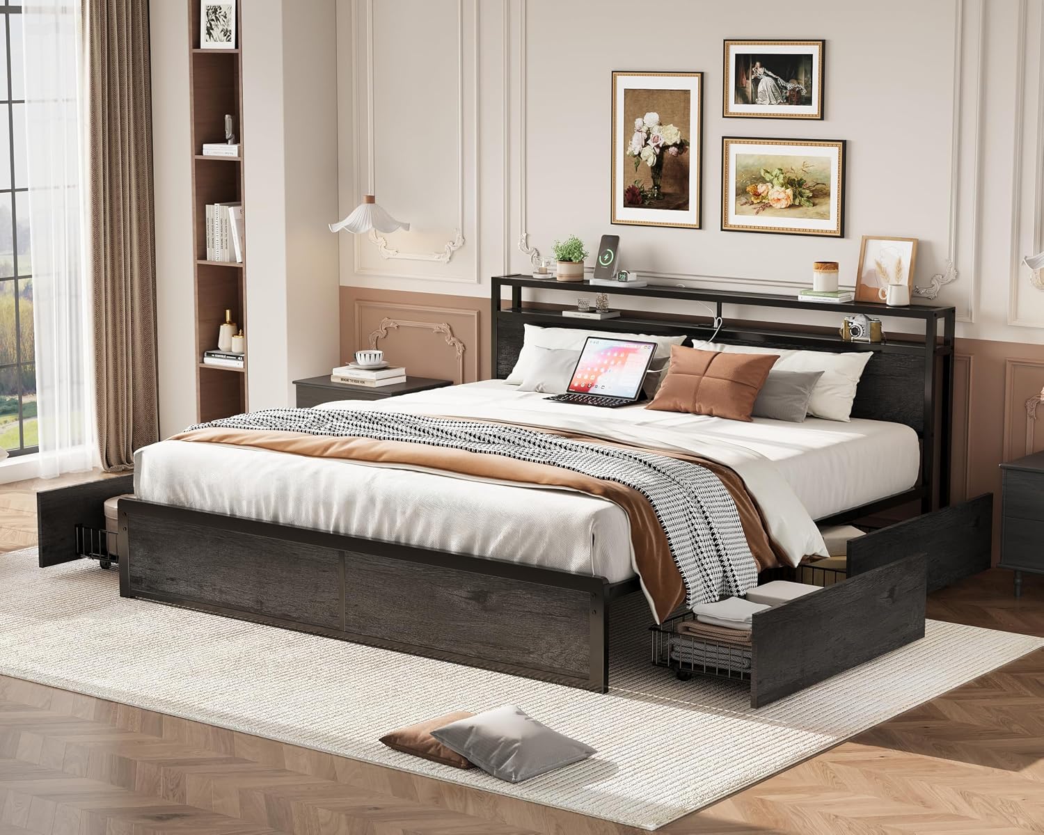 LIKIMIO King Size Bed Frame with 4 Storage Drawers, 2-Tier Storage Headboard with Charging Station, Double Bed Frame King Size for Bedroom, No Box Spring Needed, Easy Assembly, Charcoal Grey