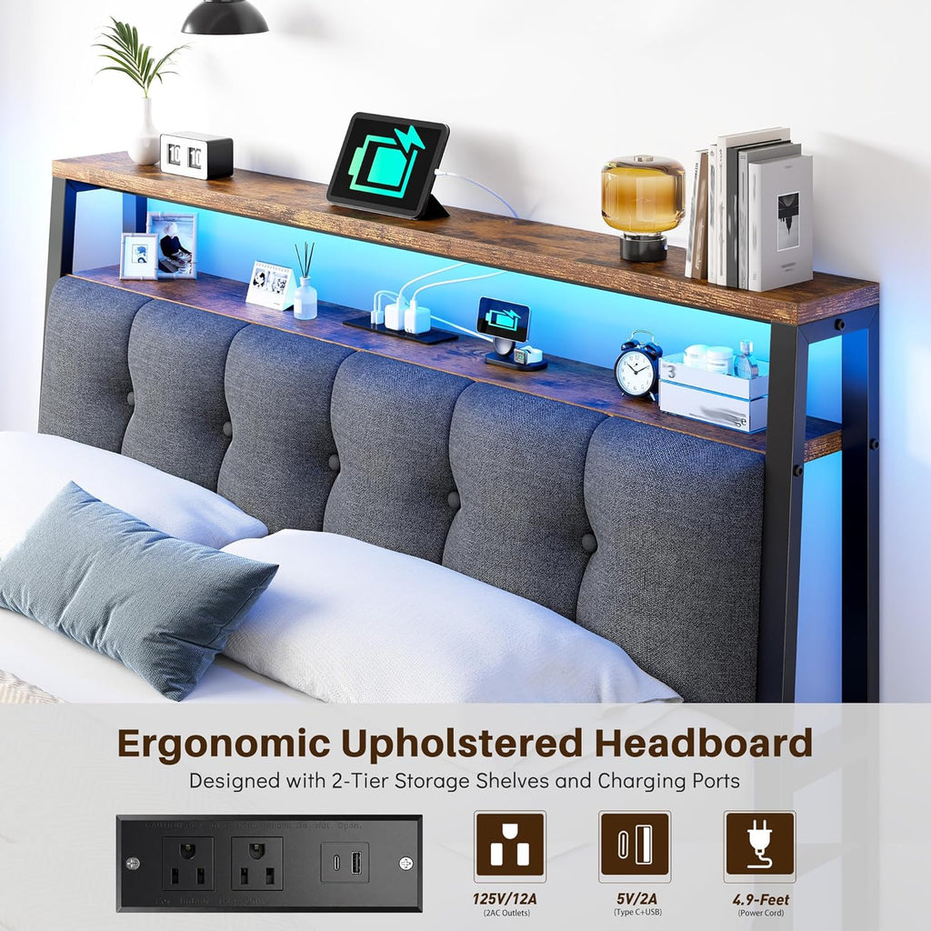 Queen Bed Frame with Charging Station,Bed Frame Queen Size with LED Linghts Have Upholstered Storage Headboard and 12' Under-Bed Storage, Providing Noise-Free and No-Sliding Support,Vintage Brown