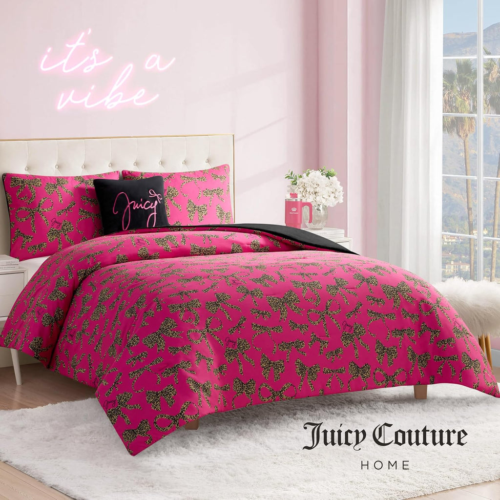 Juicy Couture Plush Reversible Cheetah Bows 4-Piece King Comforter Set with Decorative Pillow