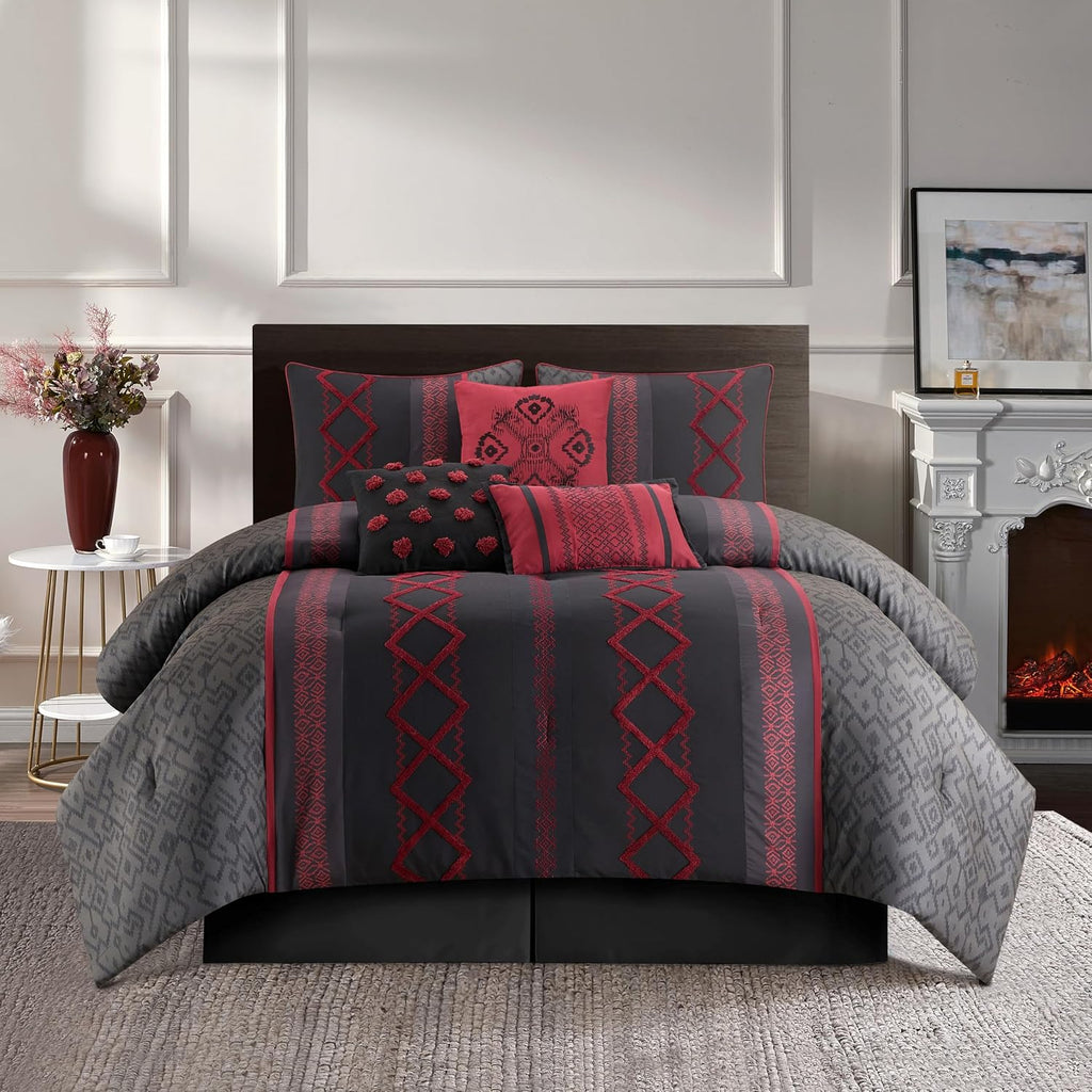Stratford Park Luxury 7 Piece Cozy Comforter Set, King Size, Black and Red, Embroidered Bedding Sets, Premium Microfiber, All Season Home Décor