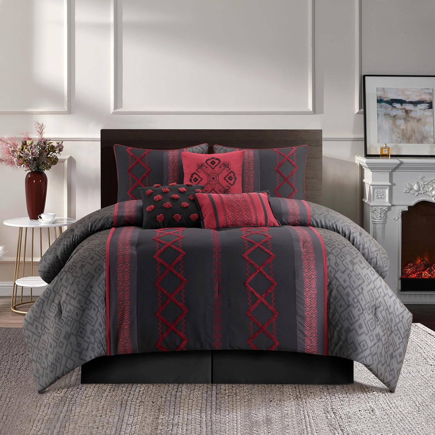 Stratford Park Luxury 7 Piece Cozy Comforter Set, King Size, Black and Red, Embroidered Bedding Sets, Premium Microfiber, All Season Home Décor