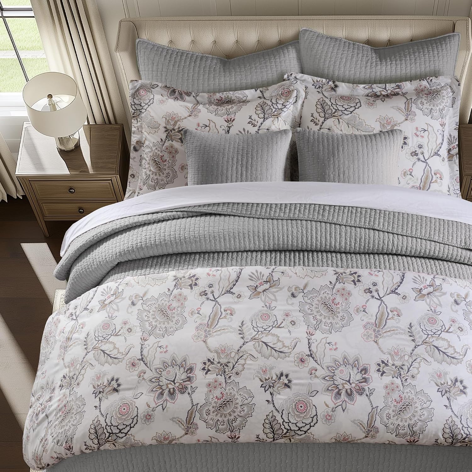 Levtex Home Cross Stitch Reversible King/Cal King Quilt Set (106x92in) and 2 Pillow Shams (36x20in) - Stitch Texture - Light Grey - Cotton King Size Quilt Bedding Set - Lightweight, Soft, Pre-Washed