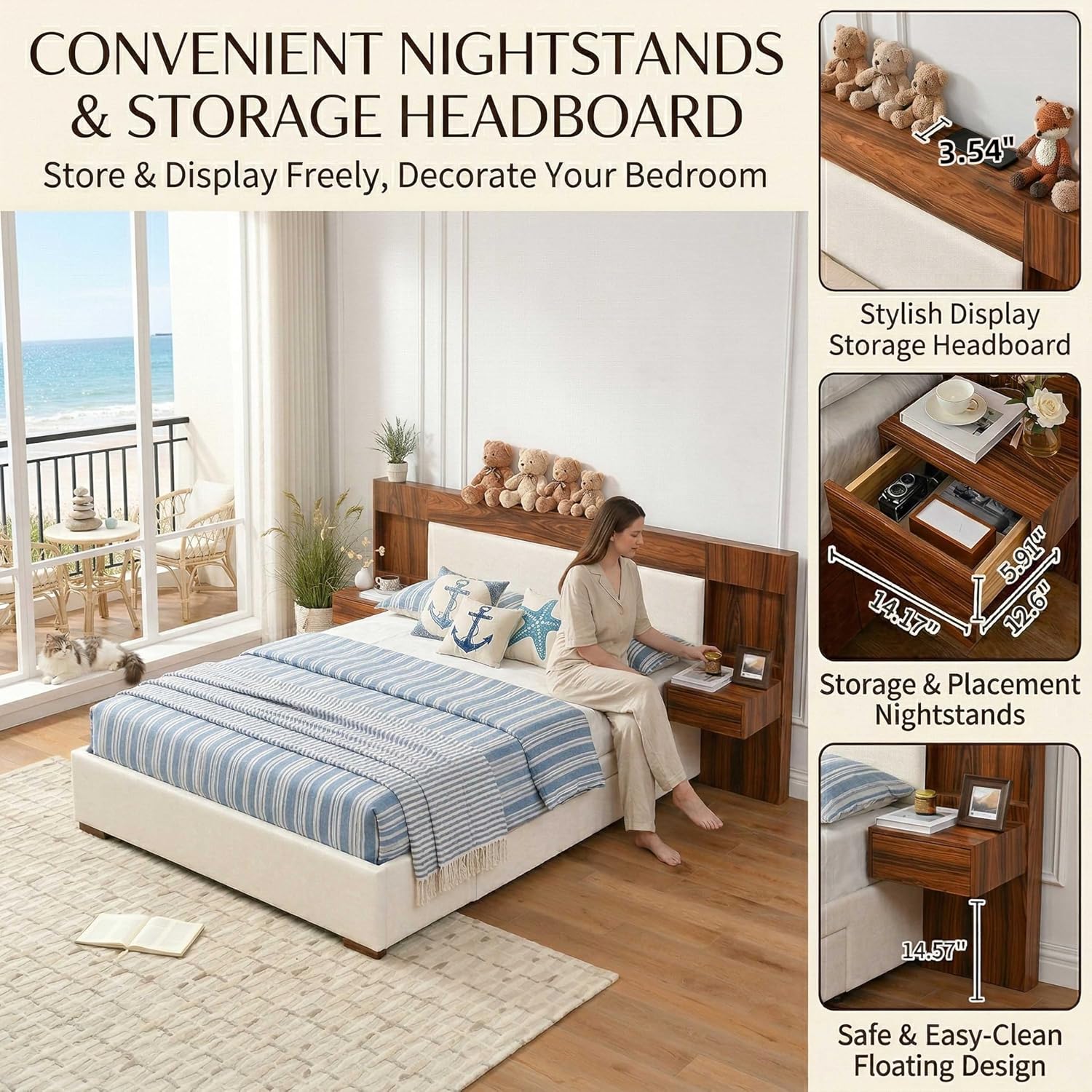 Queen Size Wood Bed Frame with Built-in Nightstands, Linen Platform Bed Frame with 2 Drawers, Natural Wood Grain & Luxury Upholstered Storage Headboard，No Box Spring Needed, Easy Assembly, Cream