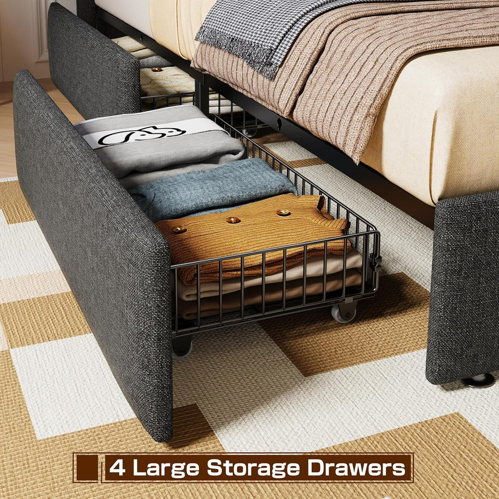 Driftalia Full Size Bed Frame with 4 Storage Drawers, Upholstered Full Bed Frame with LED Lights Headboard and Charging Station, No Box Spring Needed, Easy Assembly - Dark Grey