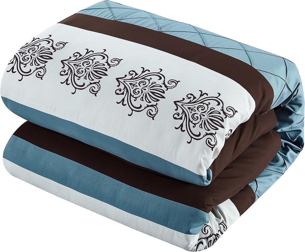 Chic Home Clayton 10 Piece Comforter Set Pintuck Pieced Block Embroidery Bed in a Bag with Sheet Set, King Blue Brown