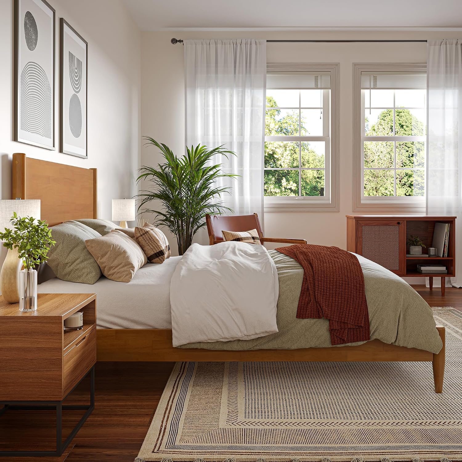 AFI, Pasadena Full Solid Wood Low Profile Platform Bed, Light Toffee