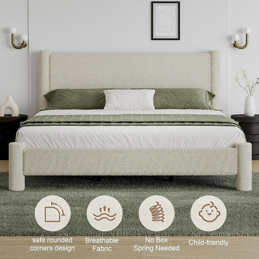 REVOMINCA King Size Bed Frame, Boucle Bed Frame with Headborad, Soft Upholstered Platform Bed Frame with Rounded Corners, No Box Spring Required, Easy Assembly, Cream