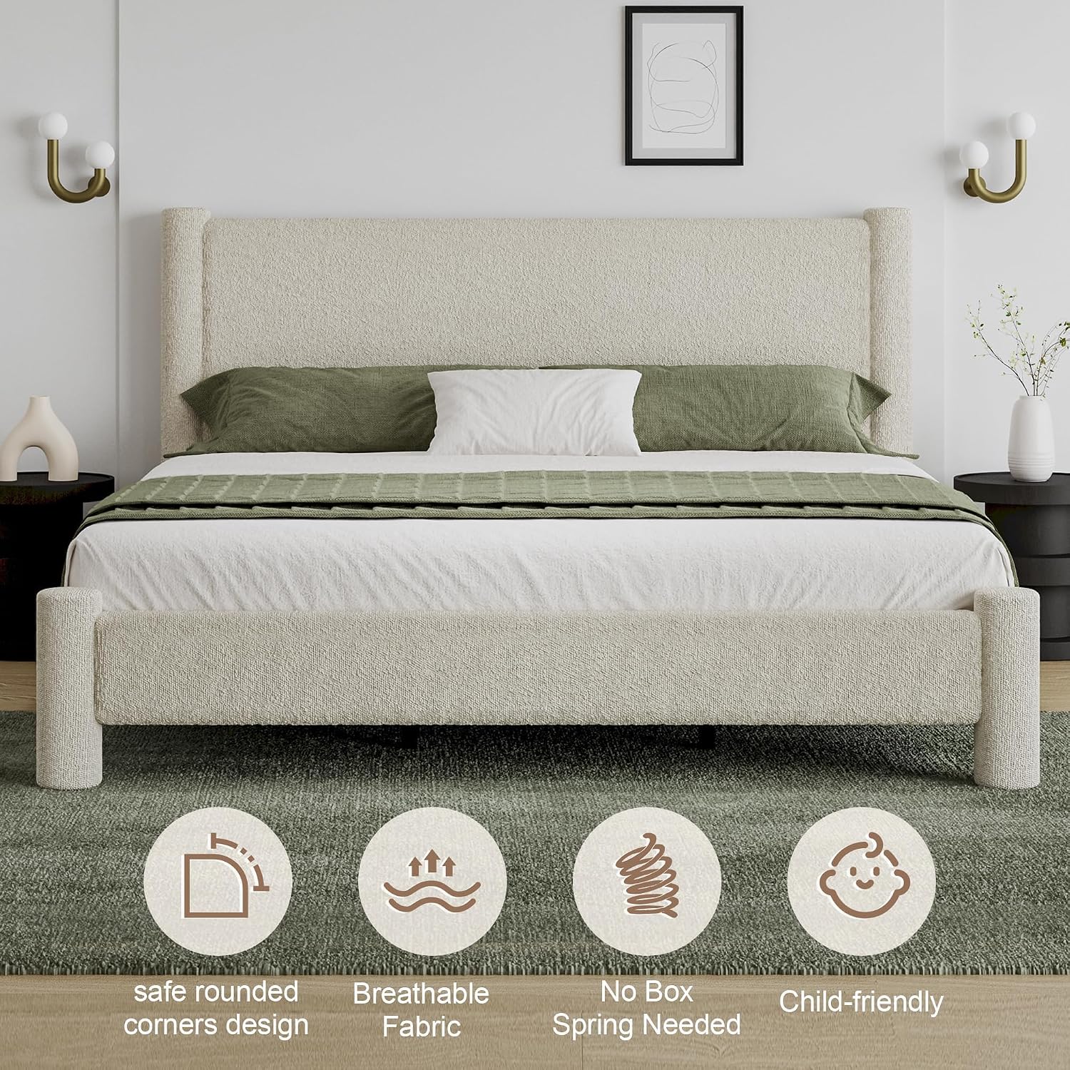 REVOMINCA King Size Bed Frame, Boucle Bed Frame with Headborad, Soft Upholstered Platform Bed Frame with Rounded Corners, No Box Spring Required, Easy Assembly, Cream