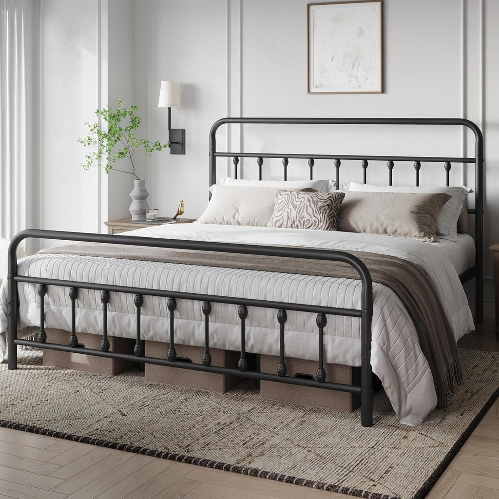 Yaheetech Victorian Vintage King Metal Platform Bed Frame, Classic Iron Art Headboard & Footboard, Stable & Noiseless, 12.6 Inch Under Bed Storage, No Box Spring Needed, Easy Assembly, Black