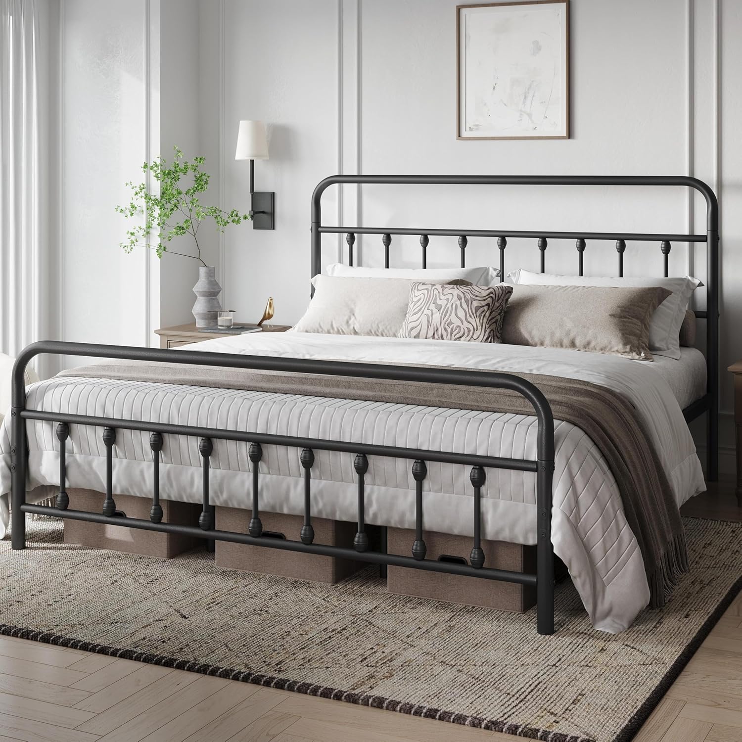 Yaheetech Victorian Vintage King Metal Platform Bed Frame, Classic Iron Art Headboard & Footboard, Stable & Noiseless, 12.6 Inch Under Bed Storage, No Box Spring Needed, Easy Assembly, Black