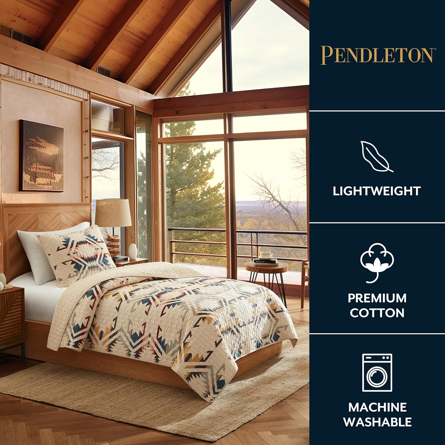 Pendleton White Sands Twin Quilt Bedding Set with 1 Sham Premium Cotton Lightweight Quilted Bedspread Coverlet for Bed Rustic Home Decor Machine Washable, 68-inch x 90-inch, Beige Diamond Print