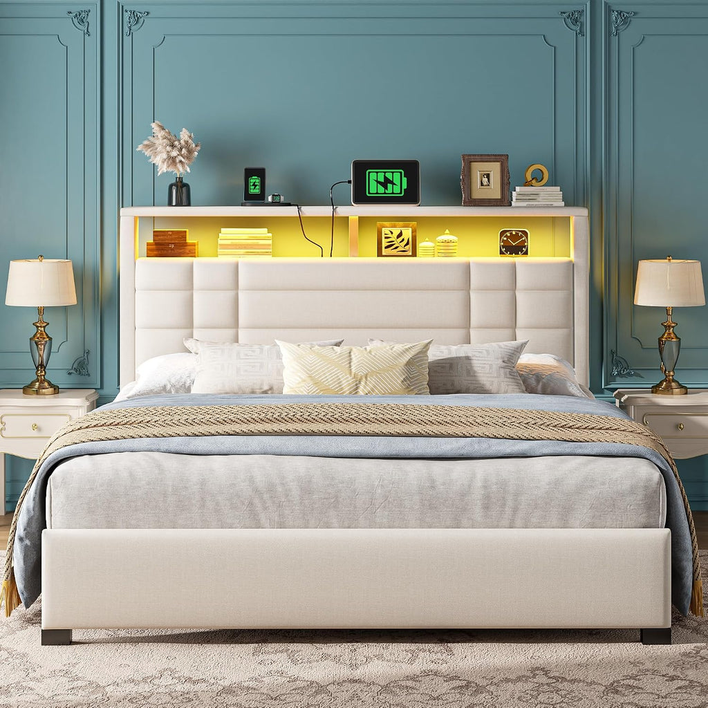 EnHomee Queen Bed Frame with Headboard Upholstered Platform Bed Frame Queen with LED Lights & Charge Station,Wood Slats Support,No Box Spring Needed,Beige