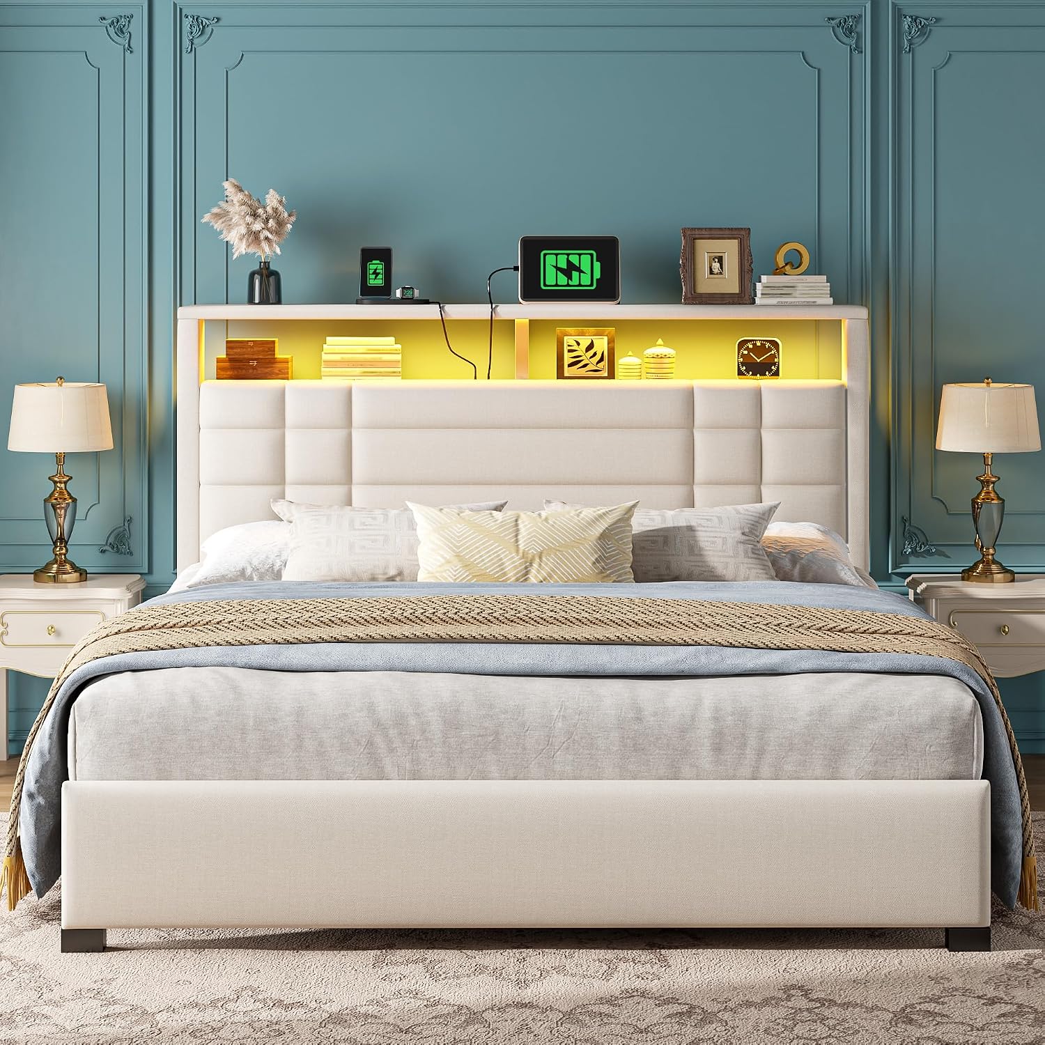 EnHomee Queen Bed Frame with Headboard Upholstered Platform Bed Frame Queen with LED Lights & Charge Station,Wood Slats Support,No Box Spring Needed,Beige