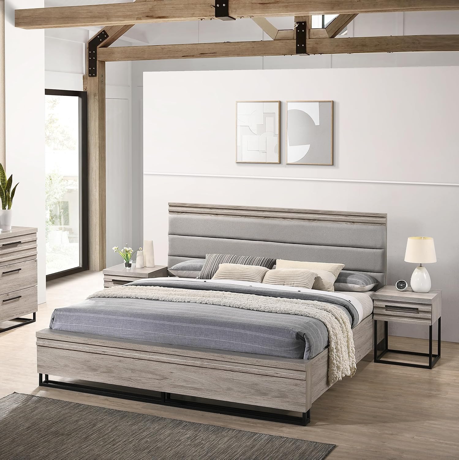 Roundhill Furniture Alvear 3-Piece Upholstered Wood Bedroom Set, King Size Panel Bed and Two Nightstands, Weathered Gray