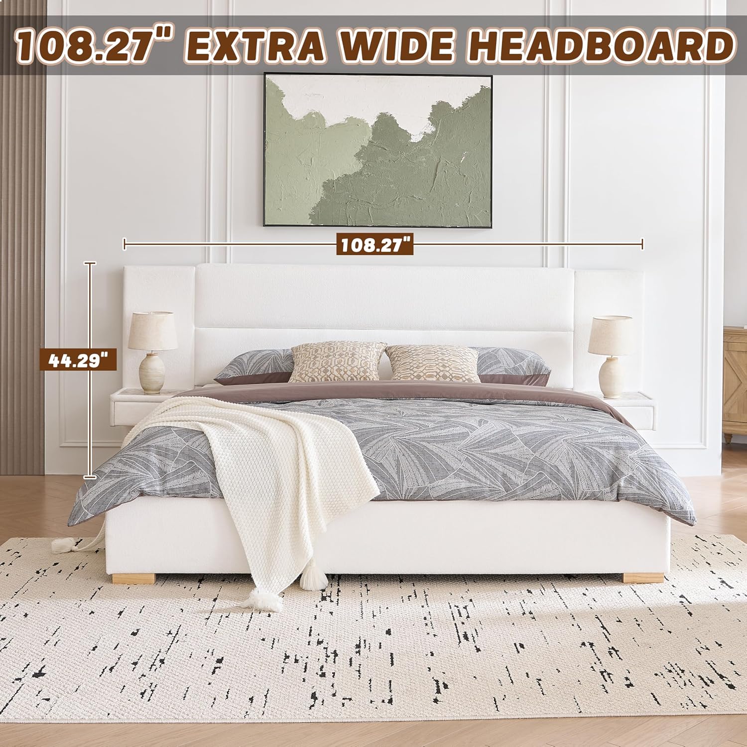 King Size Upholstered Platform Bed Frame with 2 Side Storage Drawers & Built-in Nightstands, Linen Headboard, Sturdy Metal Frame, Noise-Free, No Box Spring Needed, White