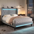 Allewie Upholstered Queen Size Platform Bed Frame with LED Light and Charging Station, Button Tufted High Headboard, Wingback Design, Noise Free, Easy Assembly, No Box Spring Needed, Grey