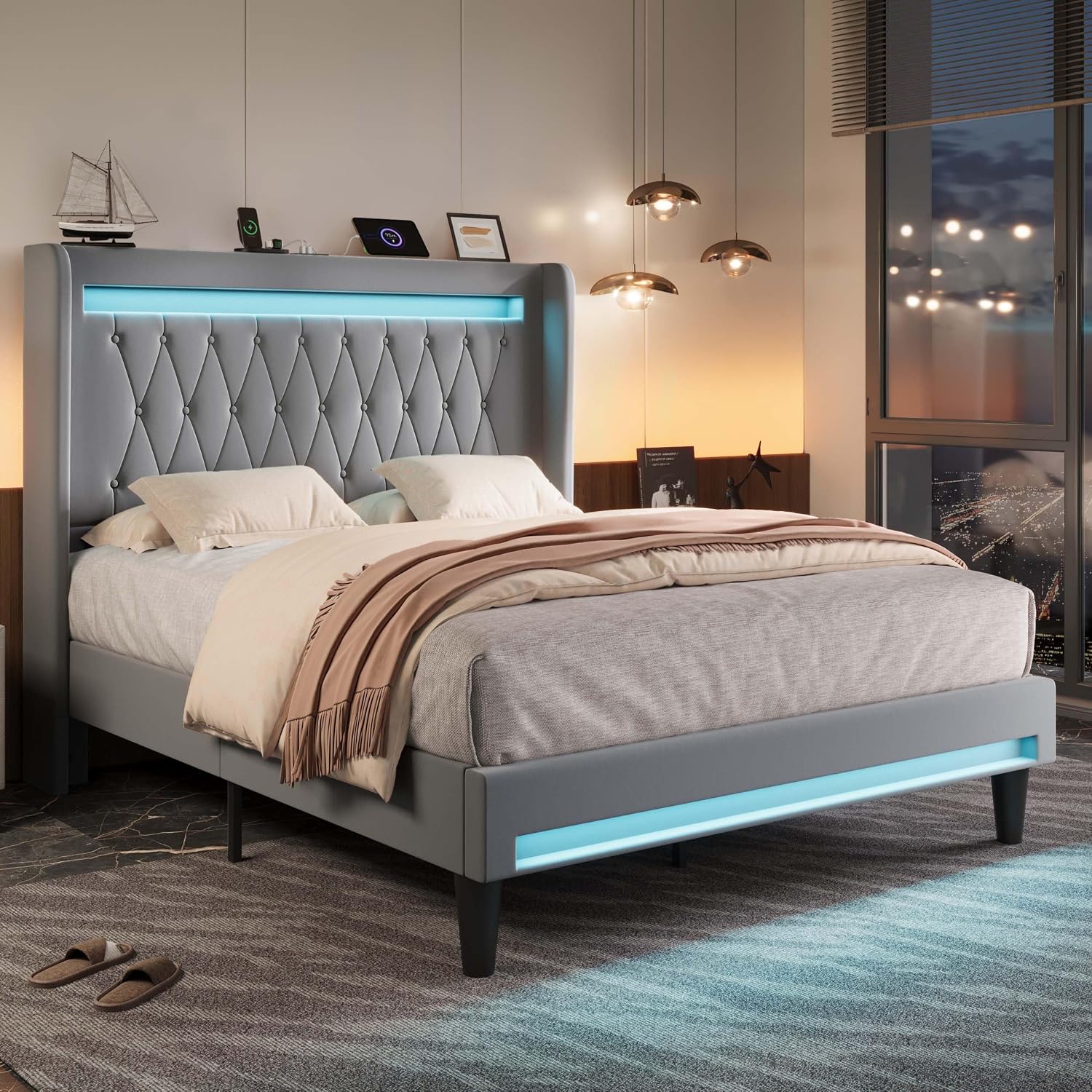 Allewie Upholstered Queen Size Platform Bed Frame with LED Light and Charging Station, Button Tufted High Headboard, Wingback Design, Noise Free, Easy Assembly, No Box Spring Needed, Grey