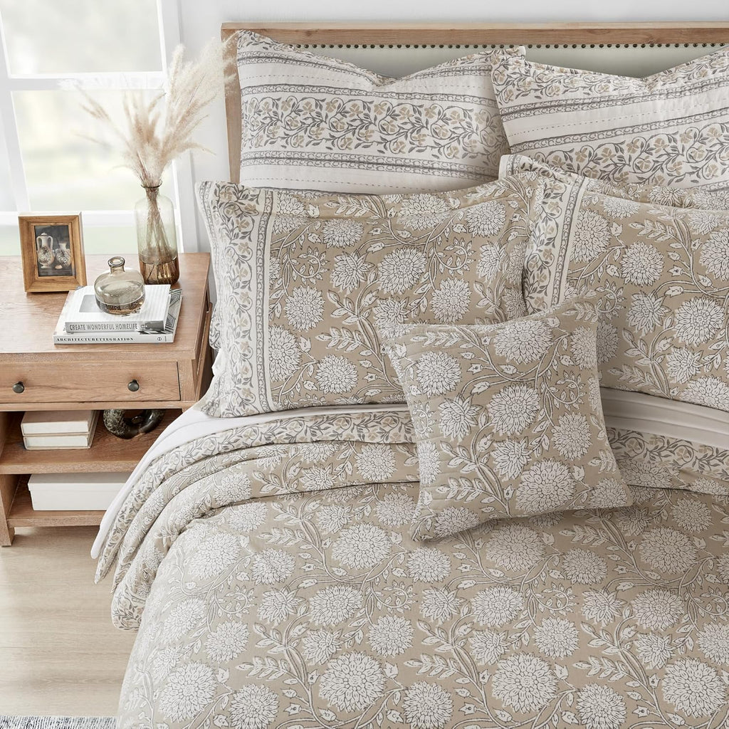 Levtex Home Adare Taupe Reversible Full/Queen Comforter Set (90x94in) with 2 Pillowcases (26x20in) - Floral Bedding - Taupe White - 100% Cotton Full/Queen Size Comforter Set - Soft, Pre-Washed