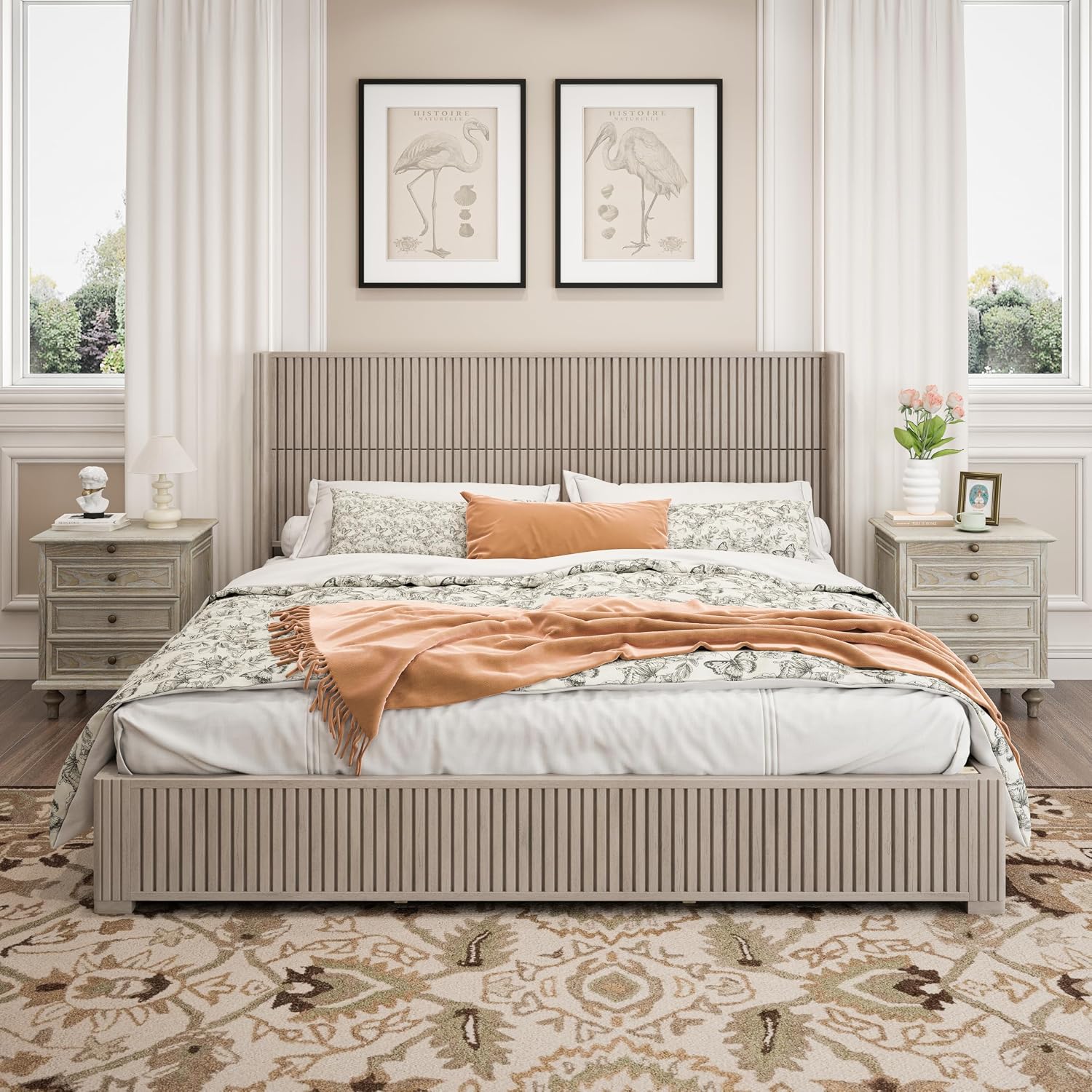 Solid Wood Platform Bed Frame with Headboard, King Size Bed Frame No Box Spring Needed, Floor Standing Wood Bed Frame, Easy Assembly Bedroom Furniture, Beige Finish