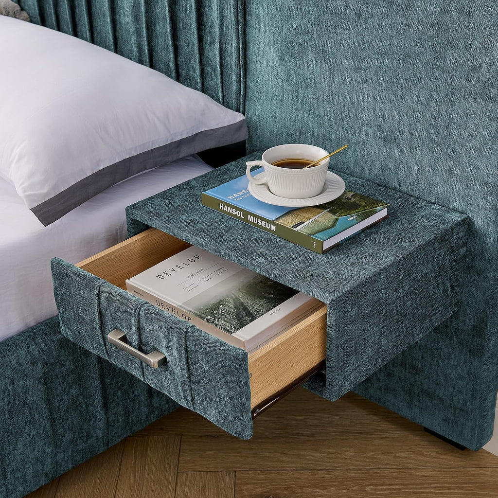 Upholstered Platform Bed with Built-in Nightstands, King Size Bed Frame with Chenille Headboard and Adjustable Lighting, No Box Spring Required, Space-Saving Bedroom Combo (Blue-Green)