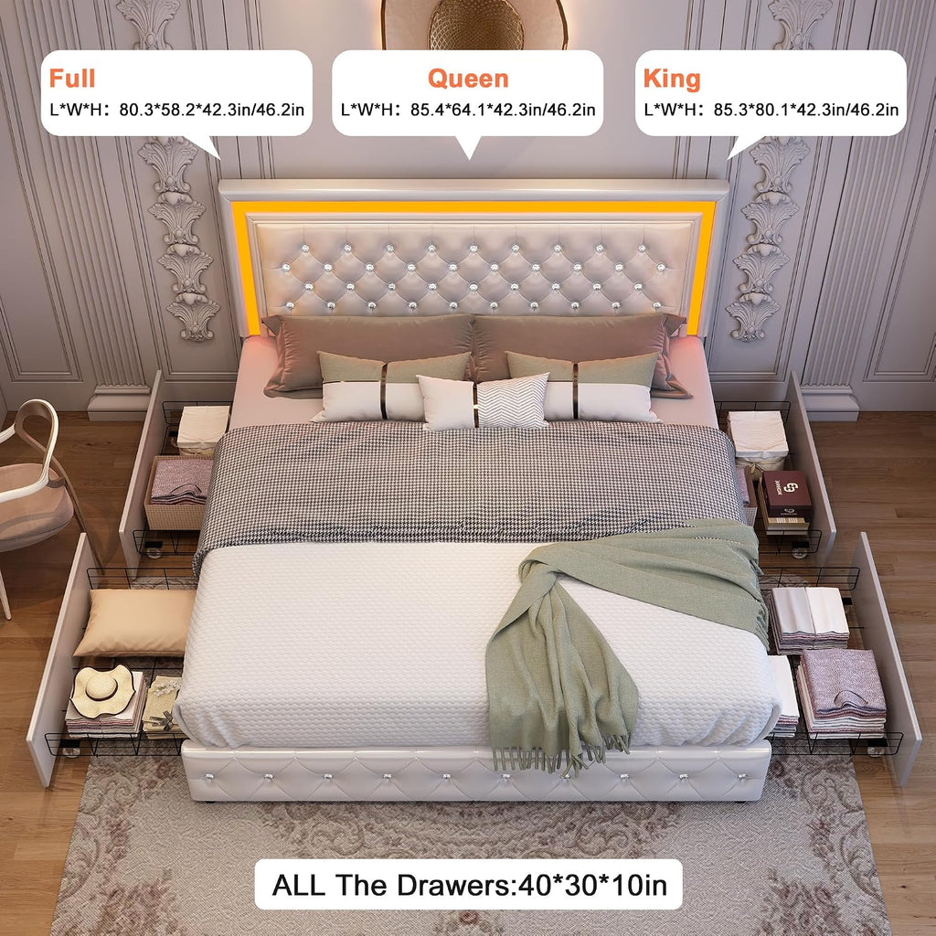 GEGOFORU King Led Bed Frame with 4 Storage Drawers, Bed Frame with Led Lights, No Box Spring Needed, 900 lbs Capacity, Easy Assembly, PU White