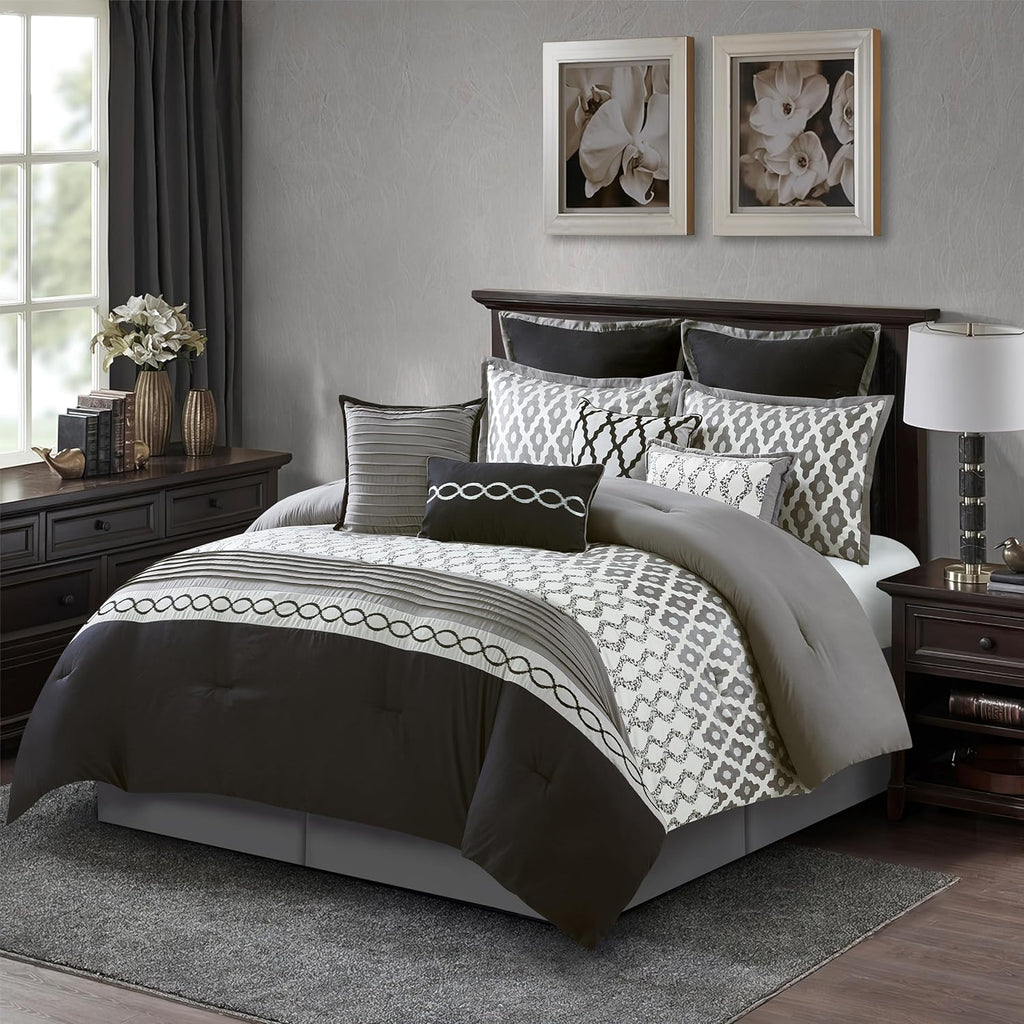 Stratford Park Geometirc King Black Comforter Set, 10 Piece, Jacquard Bedding Comforters & Sets, Bedskirt, Pillows & Shams, Ultra-Soft