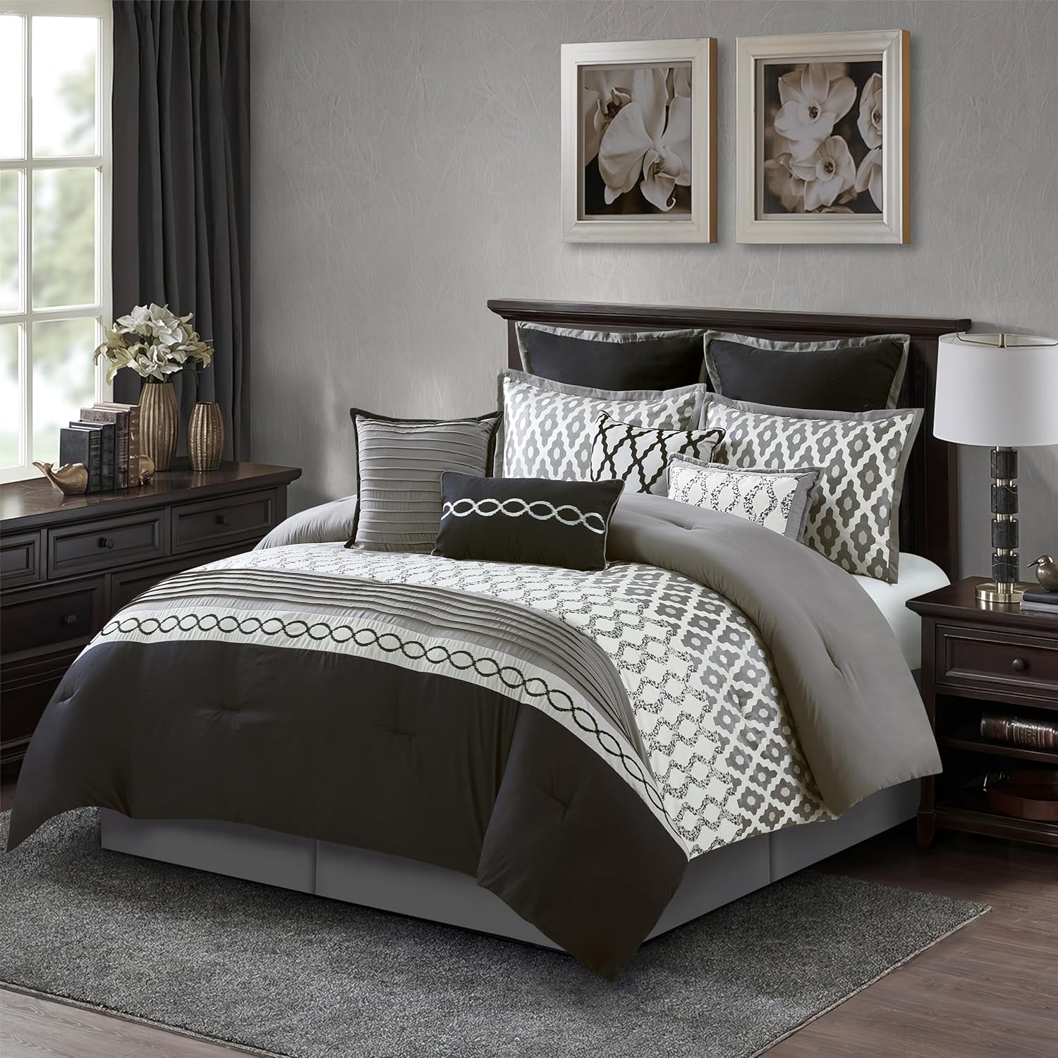 Stratford Park Geometirc King Black Comforter Set, 10 Piece, Jacquard Bedding Comforters & Sets, Bedskirt, Pillows & Shams, Ultra-Soft