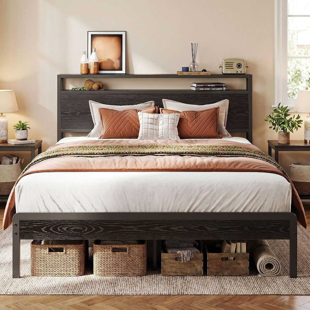 LIKIMIO Full Bed Frame with Headboard, Dark Wood Camas Full with Strong Supports, Sturdy, Noise-Free, No Box Spring Needed, Black