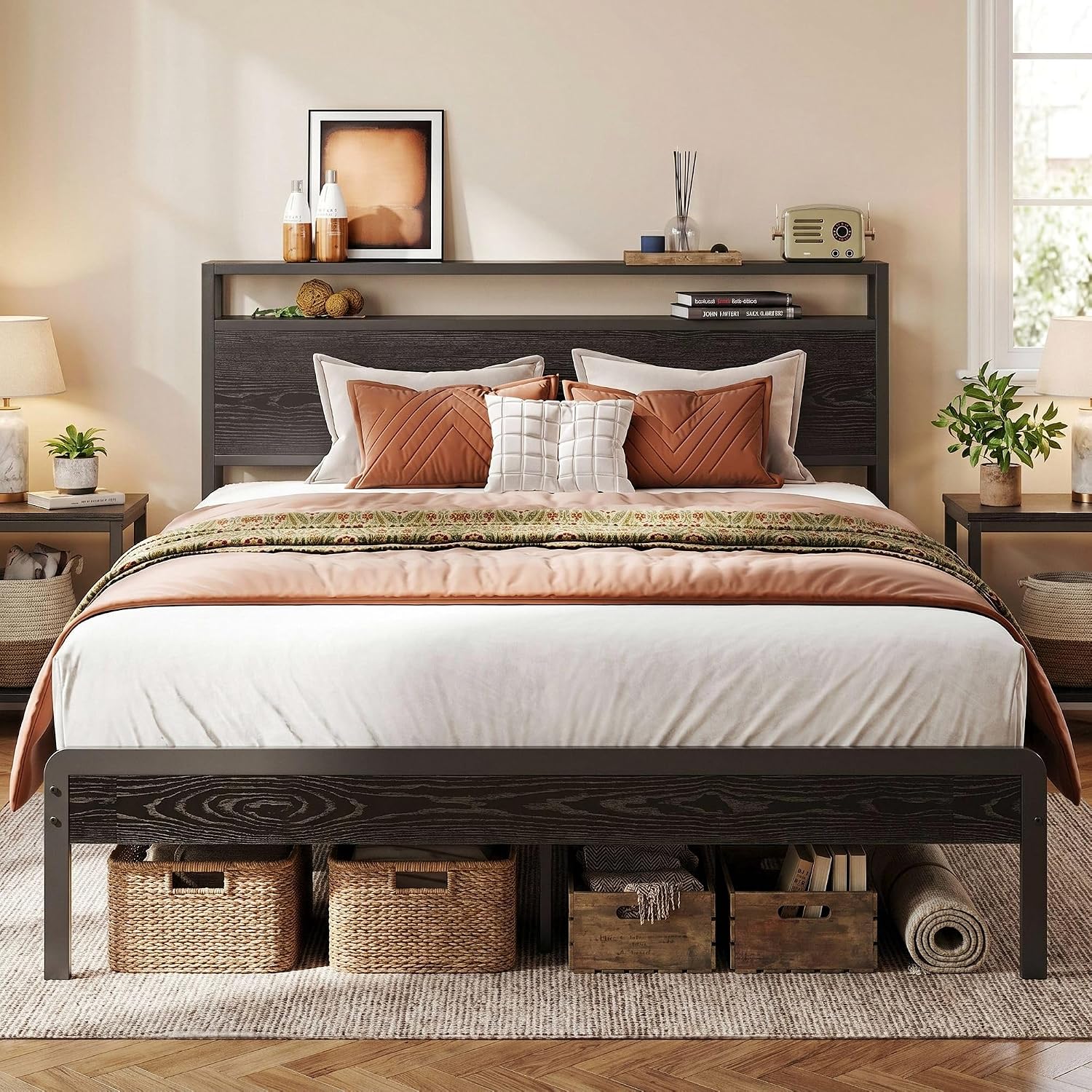 LIKIMIO Full Bed Frame with Headboard, Dark Wood Camas Full with Strong Supports, Sturdy, Noise-Free, No Box Spring Needed, Black