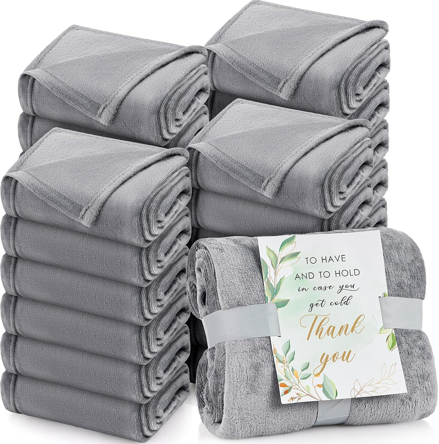 Buryeah 24 Pack French Grey Oeko-Tex Certified Bulk Wedding Blankets for Guests, 50 x 60 Inch Flannel Throw with Thank You Cards & Ribbon, Bulk Wedding Souvenir Gifts, Spa & Sleepover Party Favors