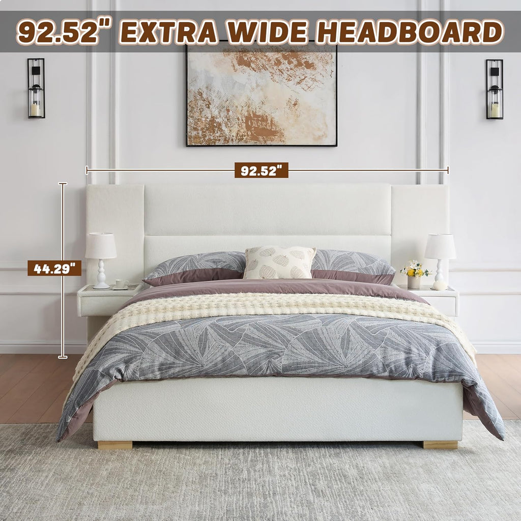 Queen Size Upholstered Platform Bed Frame with 2 Side Storage Drawers & Built-in Nightstands, Linen Headboard, Sturdy Metal Frame, Noise-Free, No Box Spring Needed, White