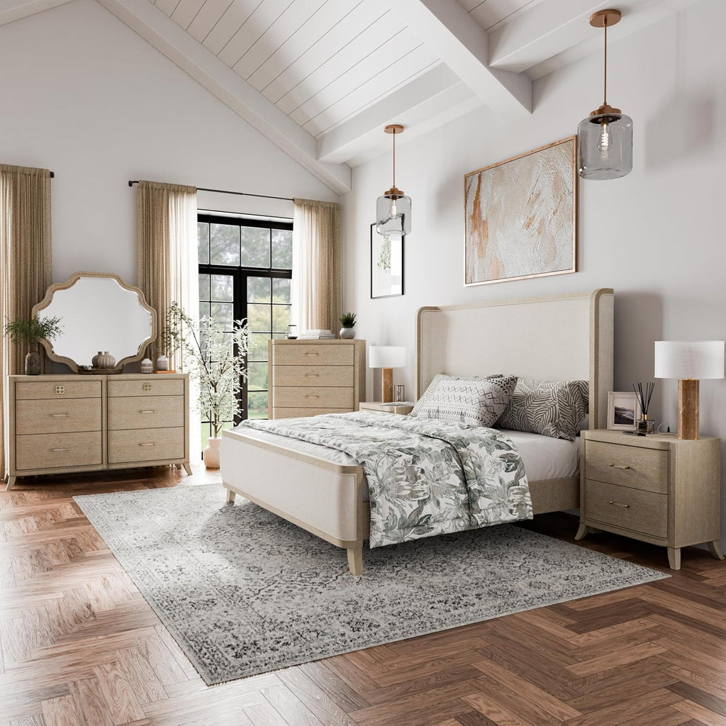 Furniture of America Saries Transitional Solid Wood 6-Piece Queen Panel Bedroom Set with USB Ports, Shelter Padded Headboard, Soft Curved Edges, Box Spring Needed, Natural Oak