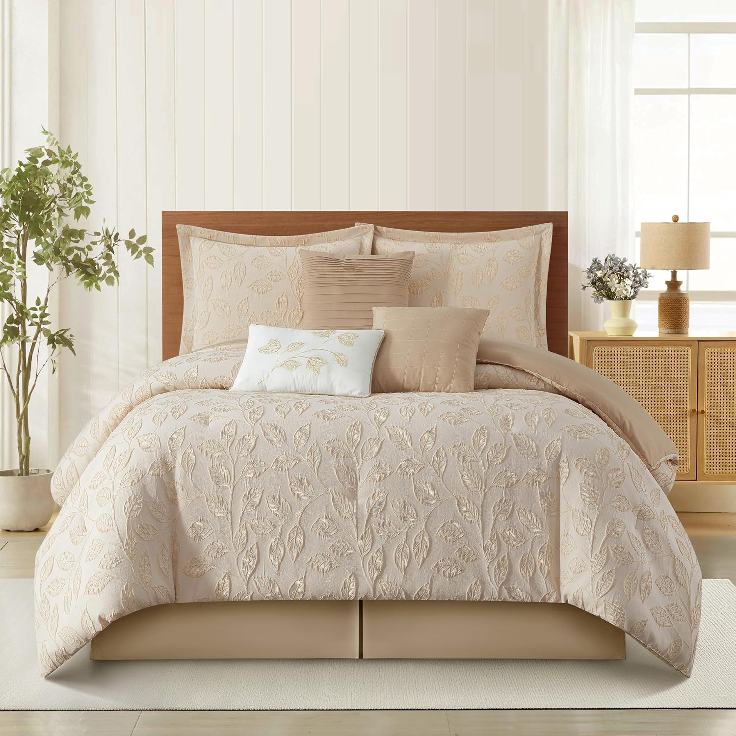Stratford Park 3D Jacquard Leaves Polyester Comforter Set, 7 Piece Beige Gold Queen Size Bedding Set, All Season Bedding, Matching Pillows, Shams, Bed Skirt