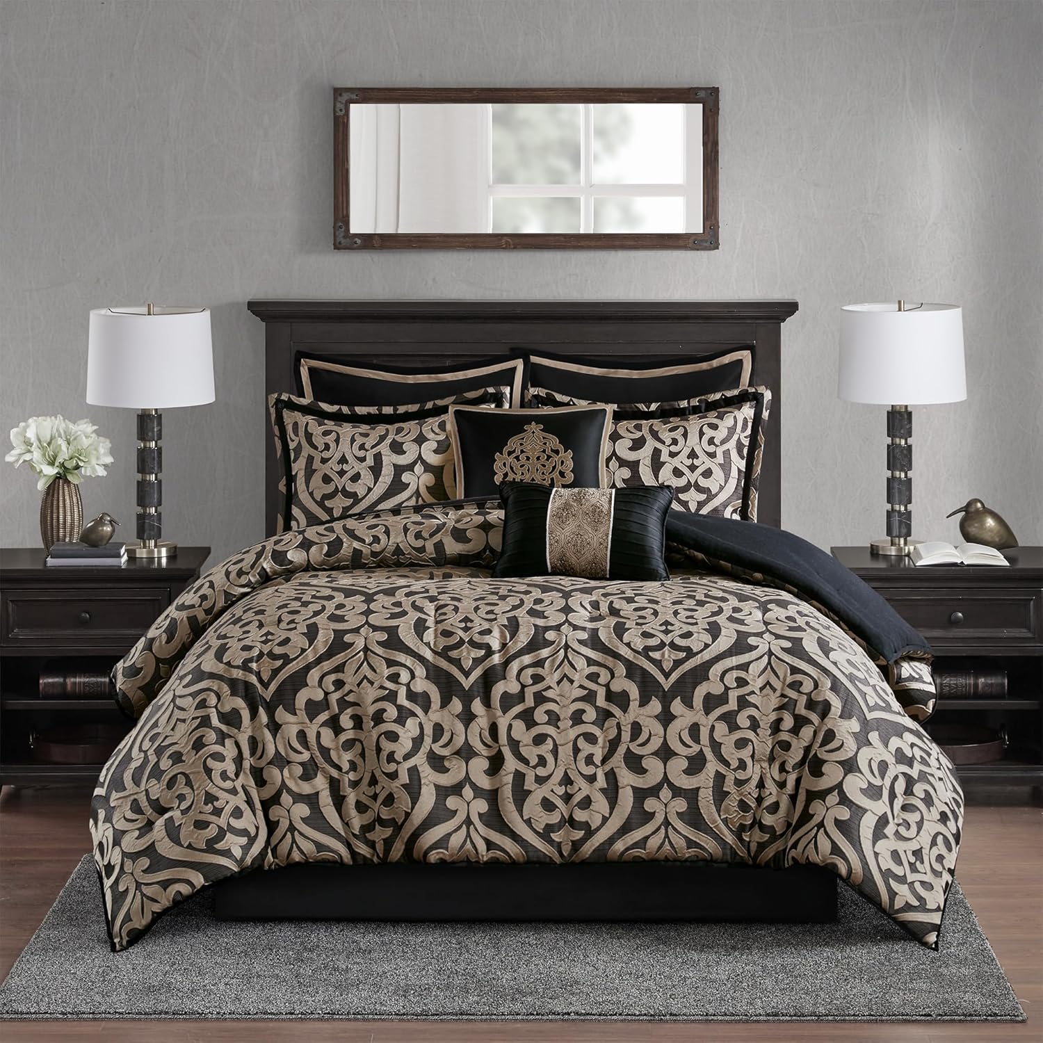 Madison Park Queen Comforter Set Damask Medallion Jacquard Comforters Queen Size Bed, Overfilled All Season Queen Bed Set, Bed Skirt, Shams, Decor Pillows, Odette, Queen(90 in x 90 in), Black 8 Piece