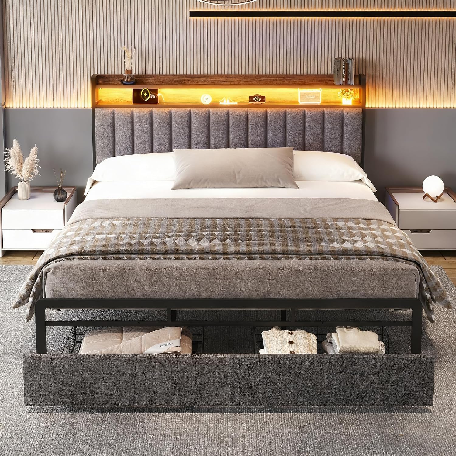 Ailisite Upholstered Full Size Bed Frames with 2 Tier Storage Headboard, LED Bed Frame with 2 Storage Drawers, Grey Platform Bed Frame with Charging Station & Typ-C Charging Port, No Box Spring Needed