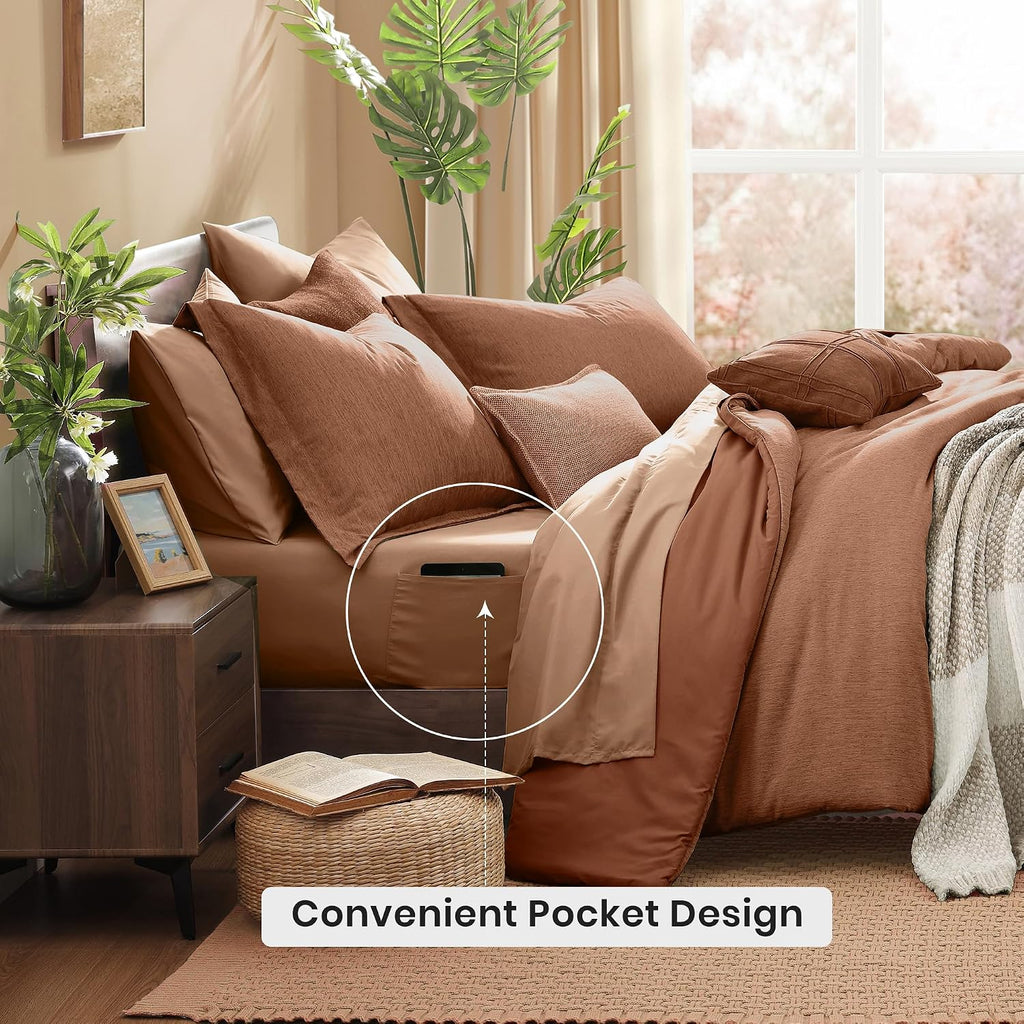 Monbix Super King Plus Comforter Set, Autumn Leaf Cationic Dyeing Bedding Set Reversible, Bed in a Bag 7 Pieces with Comforter, Sheets, Pillowcases & Shams