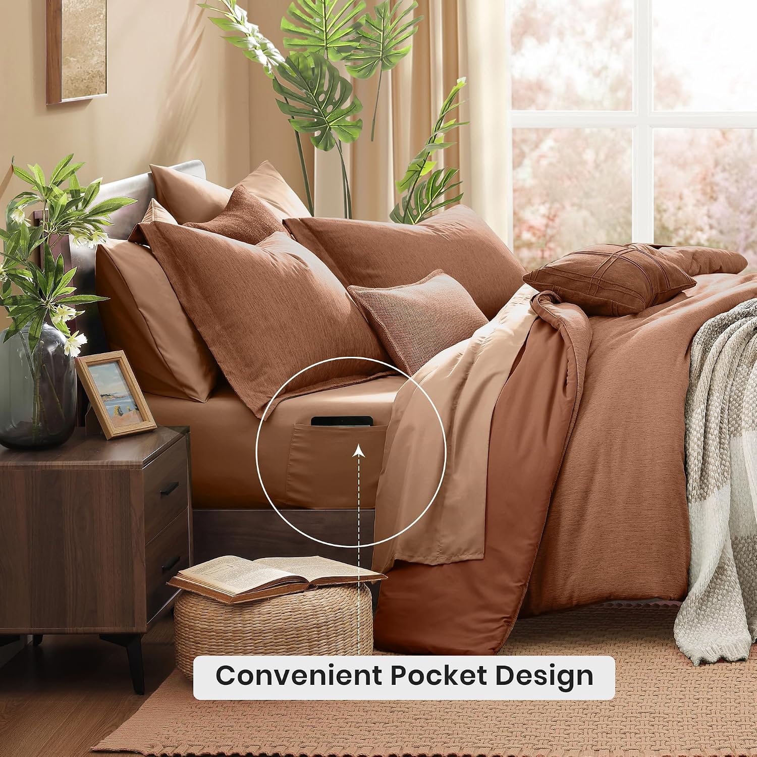 Monbix Super King Plus Comforter Set, Autumn Leaf Cationic Dyeing Bedding Set Reversible, Bed in a Bag 7 Pieces with Comforter, Sheets, Pillowcases & Shams