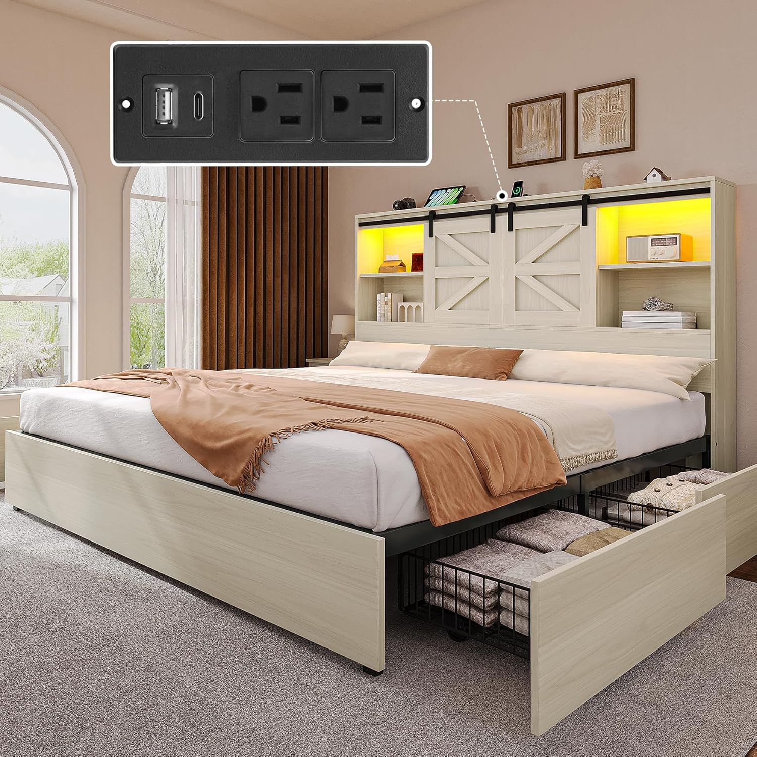 DWVO Farmhouse King Size Bed with 50' Tall Storage Bookcase Headboard, Sliding Barn Door, 4 Storage Drawers, RGB LED Bed Frame w/Type-C&USB Charging Station, No Box Spring Needed, Antique White
