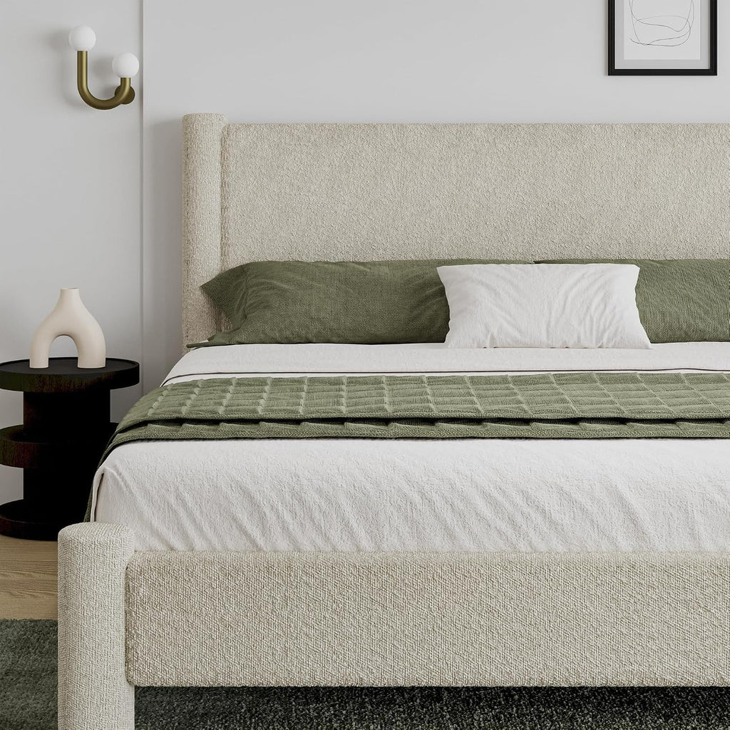 REVOMINCA King Size Bed Frame, Boucle Bed Frame with Headborad, Soft Upholstered Platform Bed Frame with Rounded Corners, No Box Spring Required, Easy Assembly, Cream