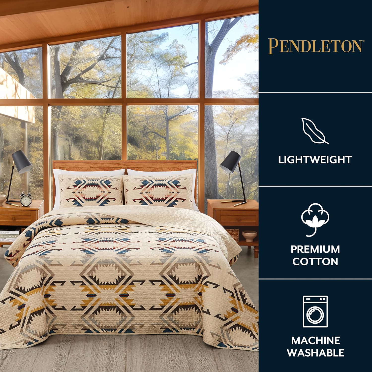 Pendleton White Sands King Quilt Bedding Set with 2 Pillow Shams, Premium Cotton Quilt, Lightweight Quilted Coverlet or Bedspread, Southwestern Bedding, Machine Washable, King, White Diamond Print