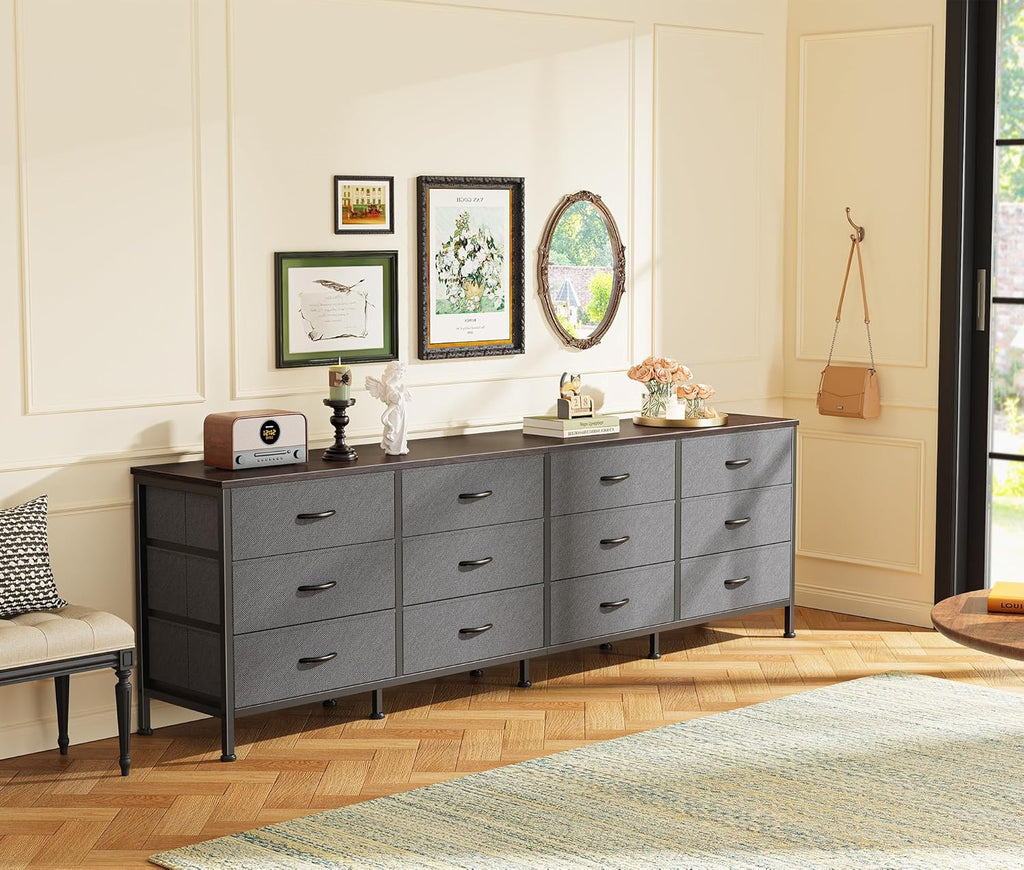 Huuger 70 Inch Dresser for Bedroom, TV Stand for 65, 75, 80 Inch TV, 12 Drawer Long Dresser, Large Storage Organizer Unit, Wide Chest of Drawer with Storage, Fabric Drawer for Living Room, Dark Grey