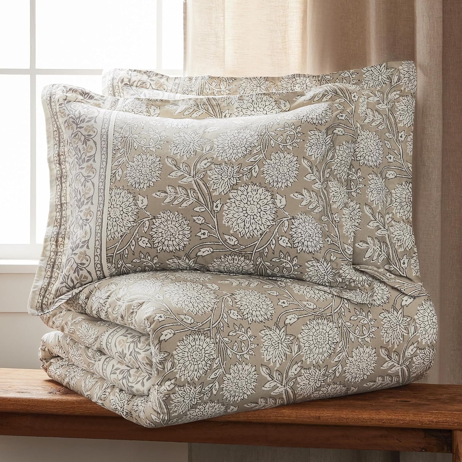 Levtex Home Adare Taupe Reversible Full/Queen Comforter Set (90x94in) with 2 Pillowcases (26x20in) - Floral Bedding - Taupe White - 100% Cotton Full/Queen Size Comforter Set - Soft, Pre-Washed