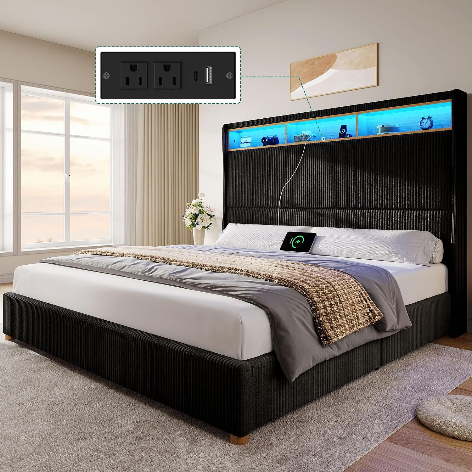 DWVO King Size Corduroy Upholstered Platform Bed Frame with Charging Station and RGB LED Lights, 53'' Tall Storage Wingback Headboard, No Box Spring Needed, Easy Assembly, Noise-Free, Black