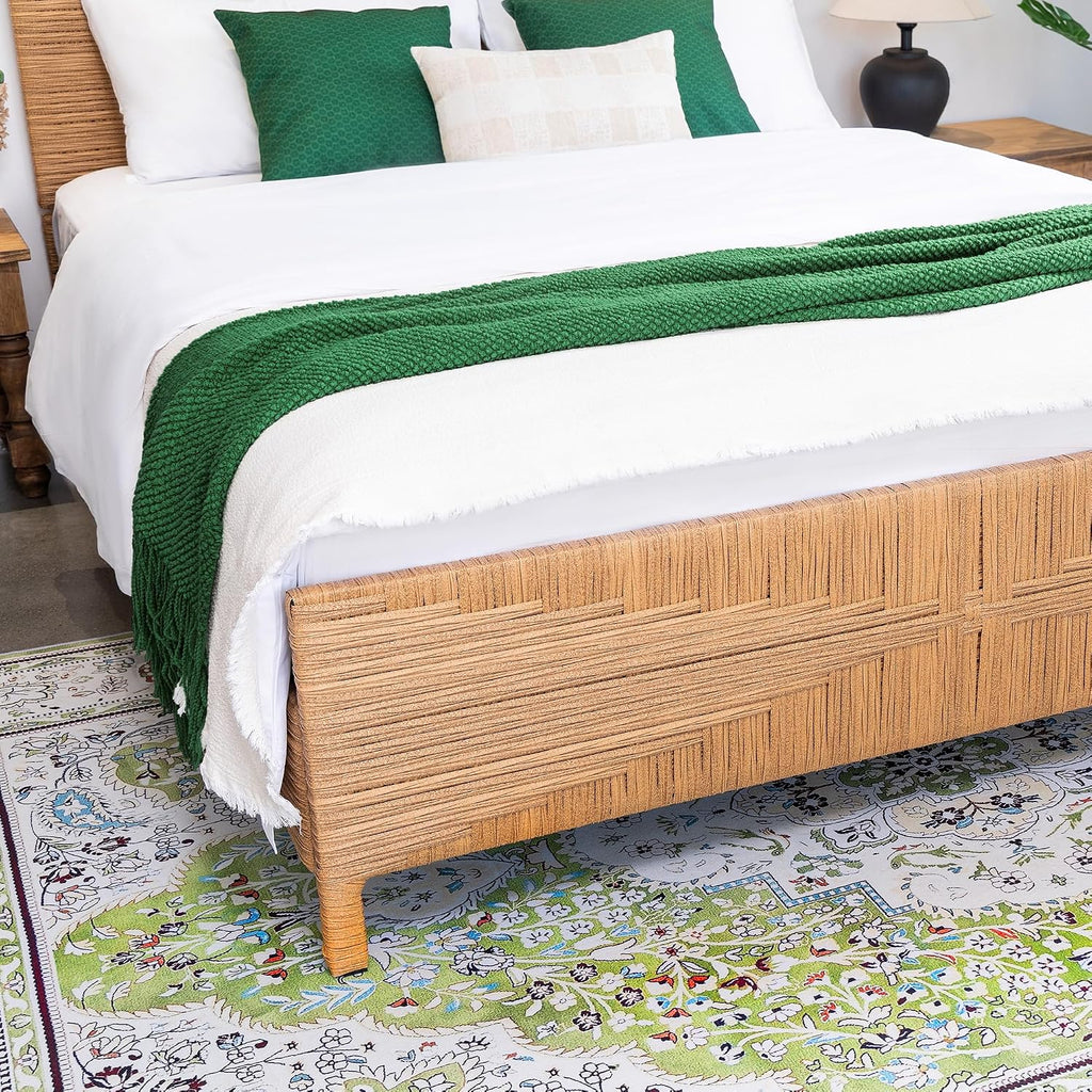 Yechen Queen Rattan Style Boho Bed Frame with Headboard and Footboard, Mid Century Modern Hand-Woven Wicker Bedframe with Vintage Pattern, Bamboo Bed with Metal Slats, No Box Spring Needed, 1000lbs