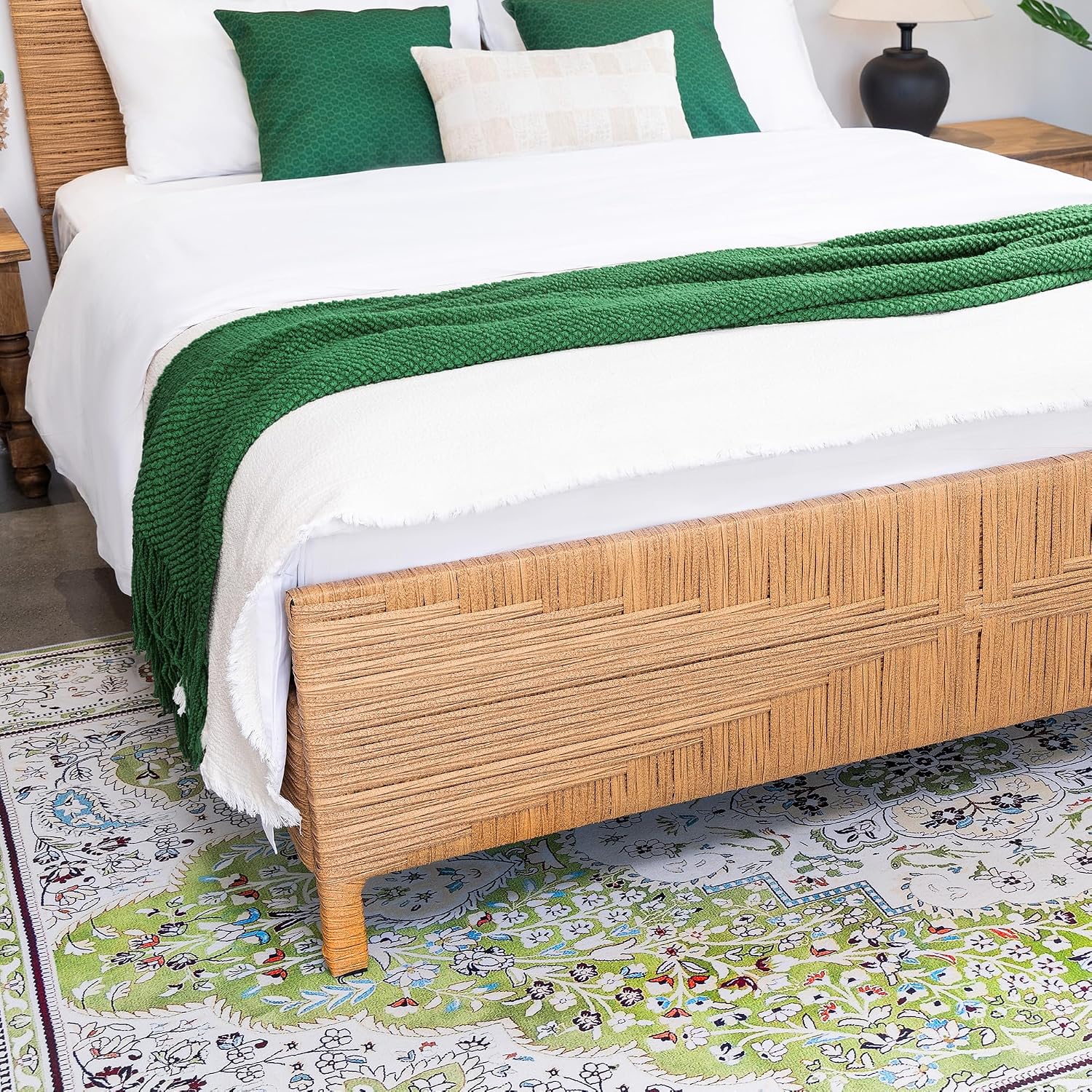 Yechen Queen Rattan Style Boho Bed Frame with Headboard and Footboard, Mid Century Modern Hand-Woven Wicker Bedframe with Vintage Pattern, Bamboo Bed with Metal Slats, No Box Spring Needed, 1000lbs
