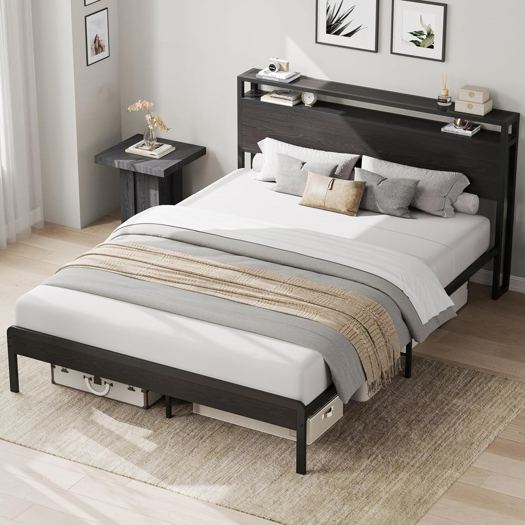 LIKIMIO Full Bed Frame with Headboard, Dark Wood Camas Full with Strong Supports, Sturdy, Noise-Free, No Box Spring Needed, Classic Black