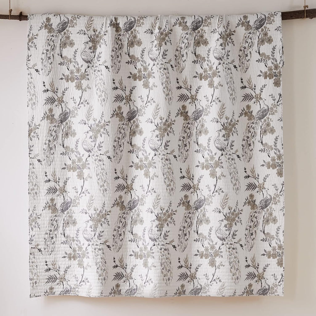 Levtex Home Pisa Reversible Full/Queen Quilt Set (88x92in) with 2 Pillow Shams (26x20in) - Floral Peacock - Grey, Taupe - 100% Cotton Full/Queen Size Quilt Bedding Set - Lightweight, Soft, Pre-Washed